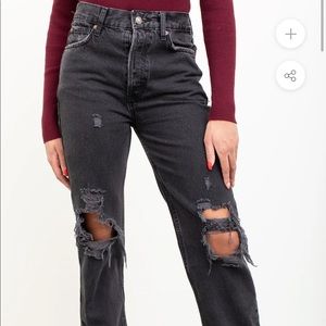 Free people high rise distressed black straight leg jean